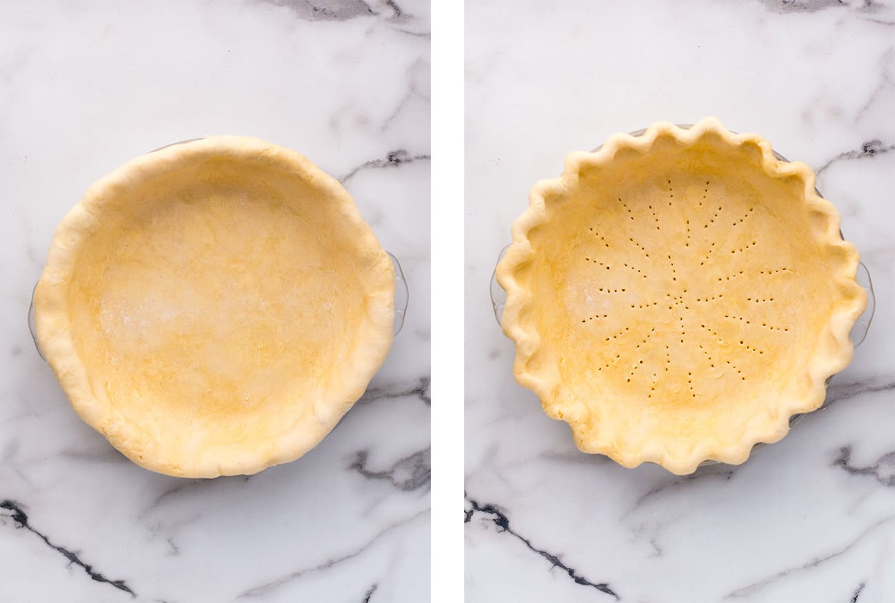 Before and after fluting the edges of the pie crust and pricking the bottom with a fork.