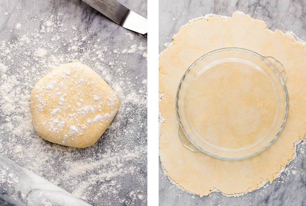 Left: Chilled vegan pie dough on a floured marble surface ready to be rolled out. Right: Measuring the rolled out vegan pie dough against a pie plate to check for size.