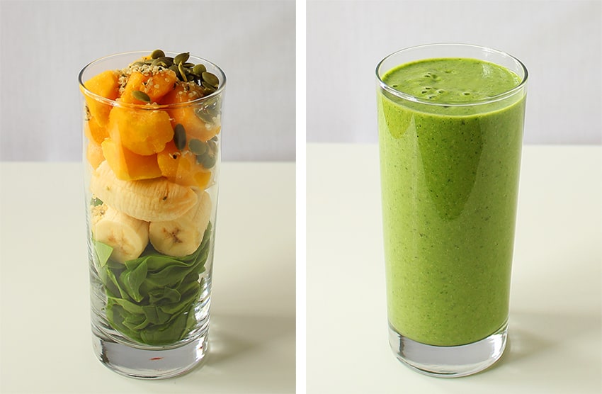 Left: Smoothie ingredients layered in a glass. Right: Smoothie after blending.
