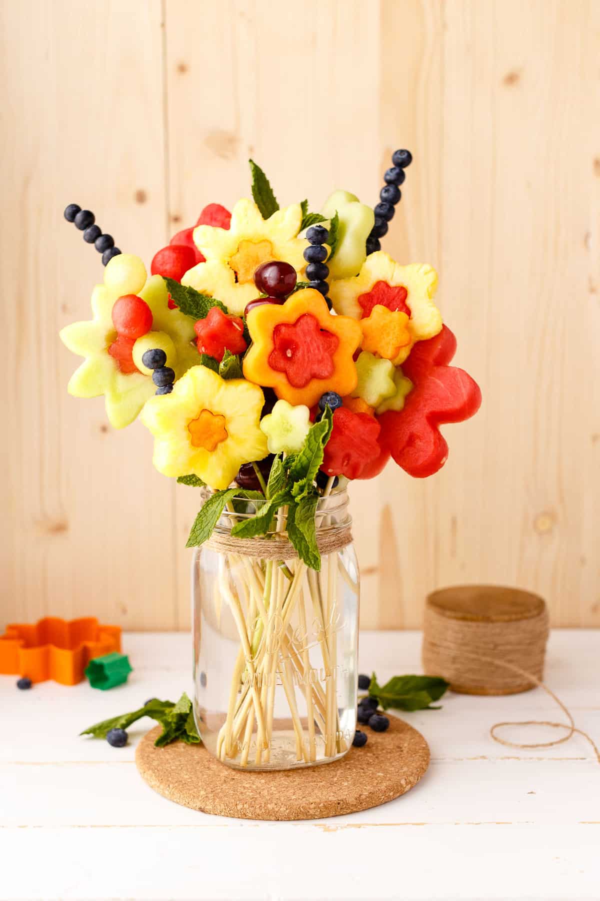 Homemade fresh fruit bouquet in vase