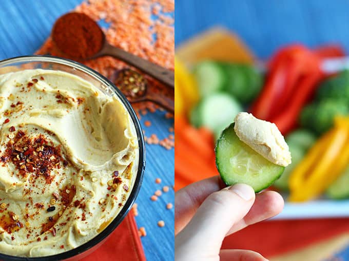 Roasted Garlic Red Lentil Hummus - This deliciously creamy hummus is made with ½ chickpeas and ½ red lentils for a boost of protein and fibre. - ilovevegan.com #vegan #soyfree #glutenfree