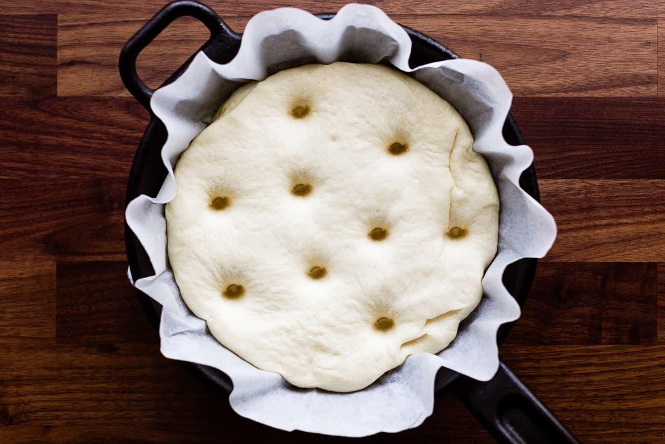 Dimpled Rosemary Herb & Potato Focaccia dough, ready for toppings.