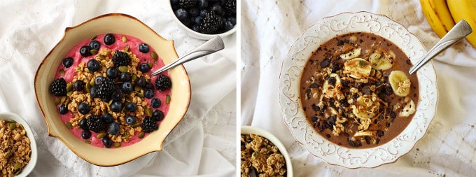 Raspberry Mango // PB & Chocolate Smoothie Bowls | ilovevegan.com