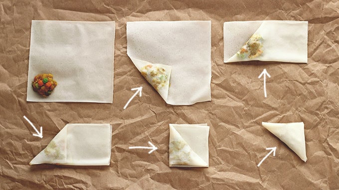 Two-Bite Vegetable Samosas - How to Fold Mini Samosas Using Spring Roll Wrappers - ilovevegan.com