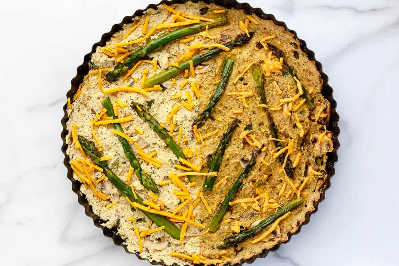 Vegan asparagus and mushroom quiche, decorated with halved sautéed asparagus spears and vegan cheese shreds. Left side shows quiche before cooking, right side shows quiche after cooking.