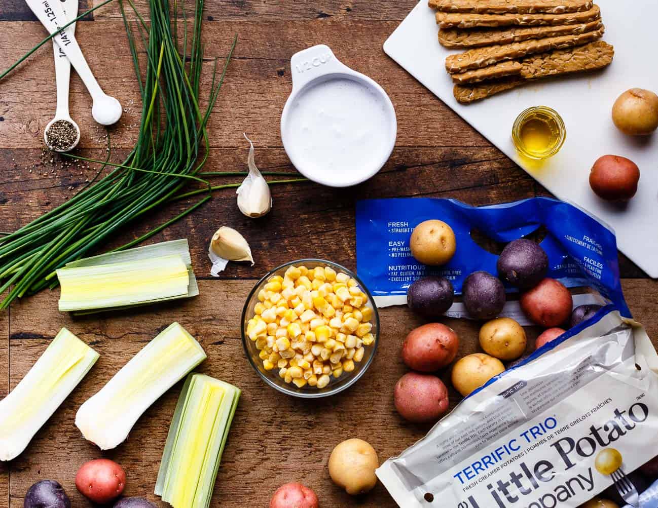 Ingredients for making Vegan Instant Pot Little Potato & Corn Chowder.