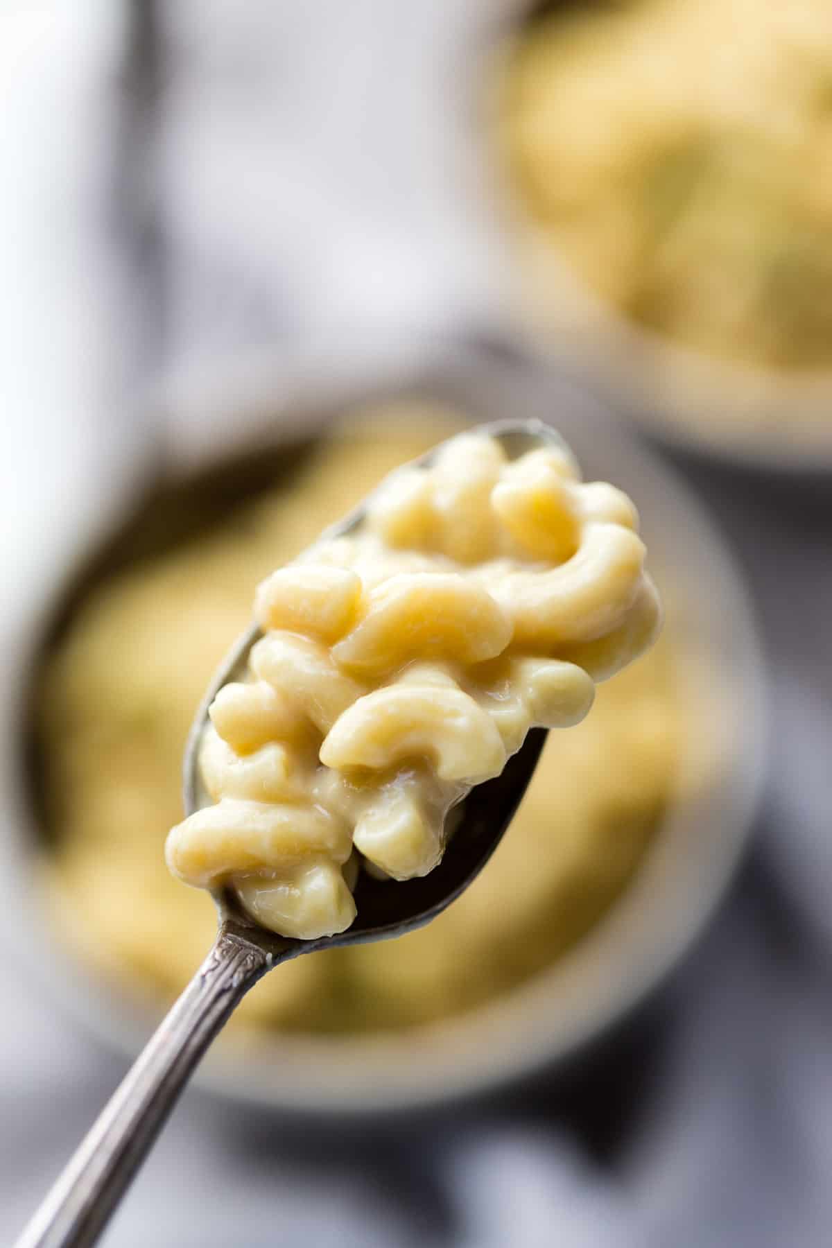 Close up shot of a spoonful of vegan mac and cheese.